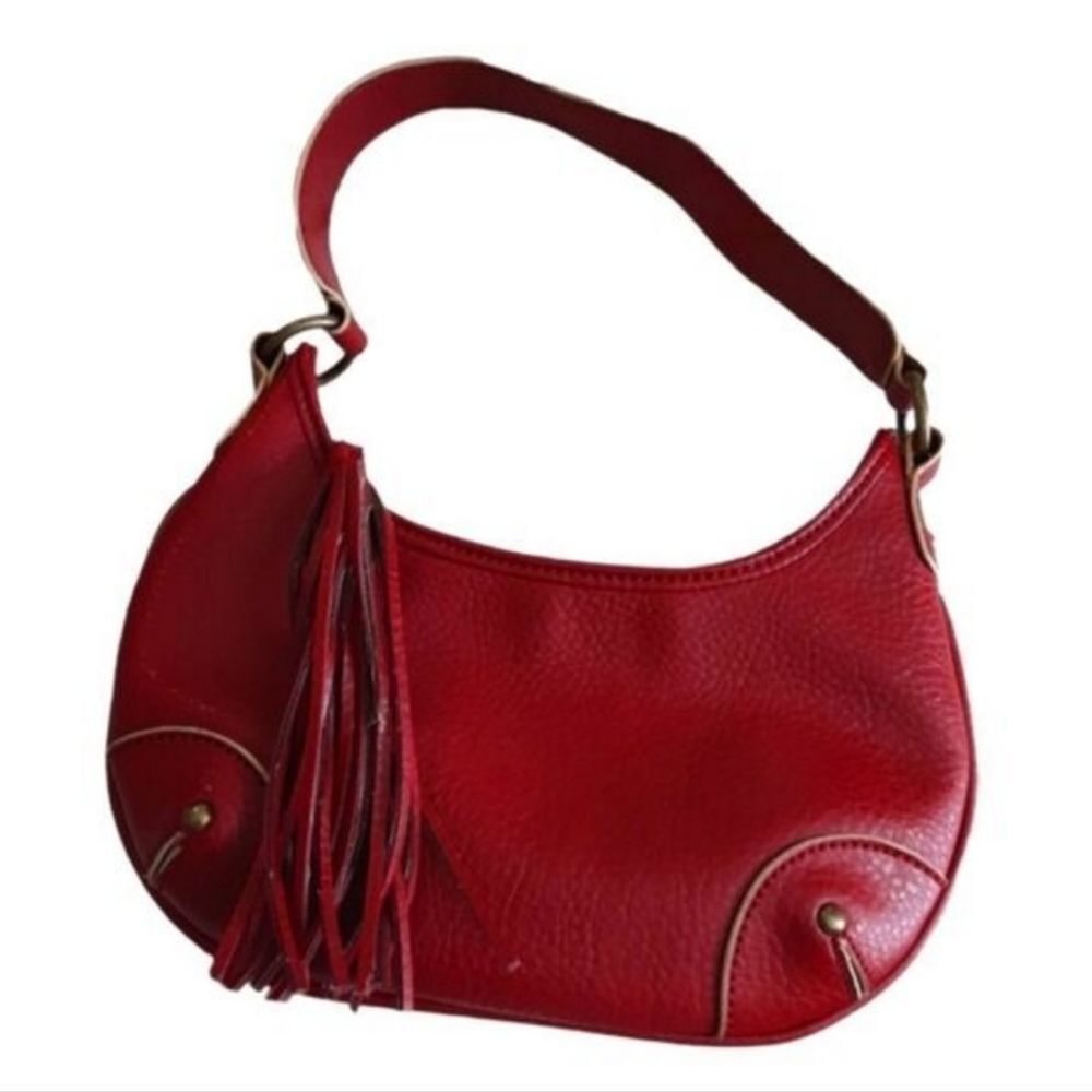 Tommy Hilfiger Handbag Studded Embroidered Leather Strap Tasseled‎ Red